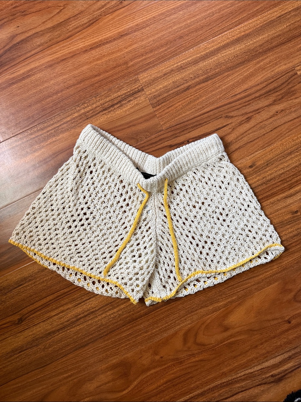 Crochet Knit Women's Shorts with Yellow Trim Bikini Cover